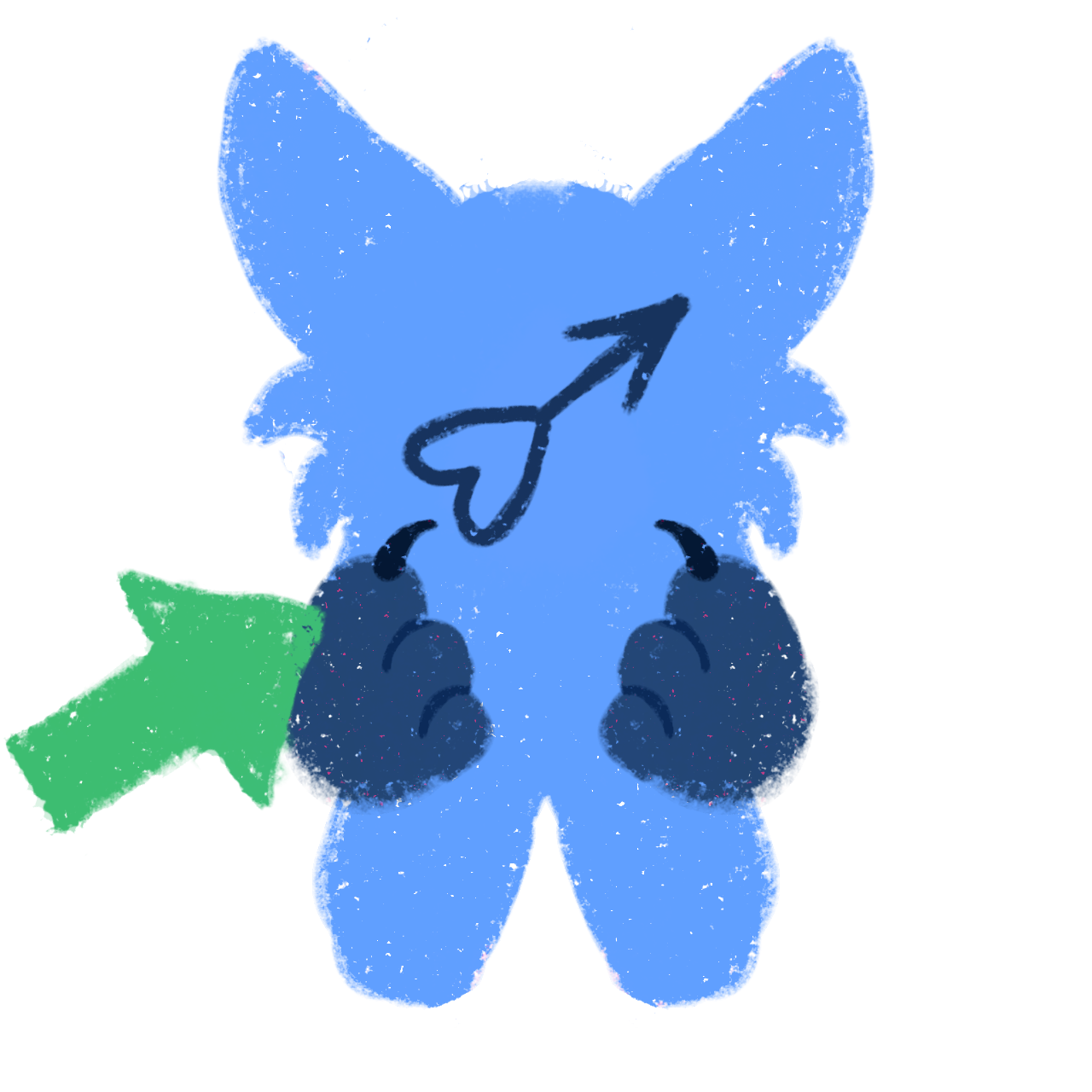 a simplified features a blue, rounded figure with large pointed ears resembling a stylized animal or plush toy. A heart-like symbol with a arrow on top, indicating masculinity, is drawn on the face he's holding up both paws pointing to himself. A green arrow points towards the figure, highlighting its significance. and the illustration has a rough, textured appearance.